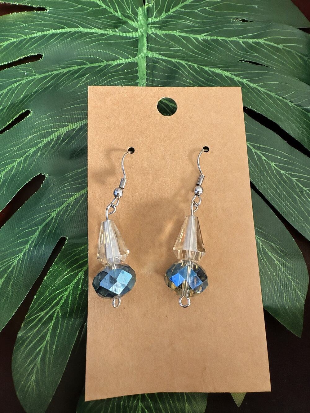 BOGO FREE Blue Clear Faceted Crystal Beaded Dangle Earrings Silver Tone Hooks